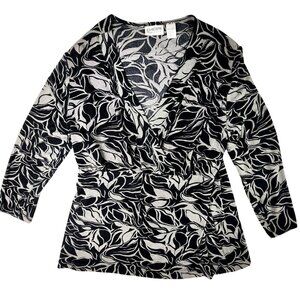 Chicos Travelers Blouse Women 2 Large Black White Floral Leaf Top Stretch Office